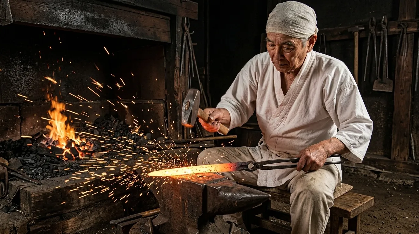 日本刀を鍛造する刀匠